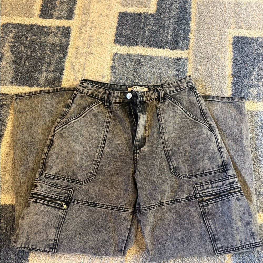 Acid Wash Denim Cargo Jeans